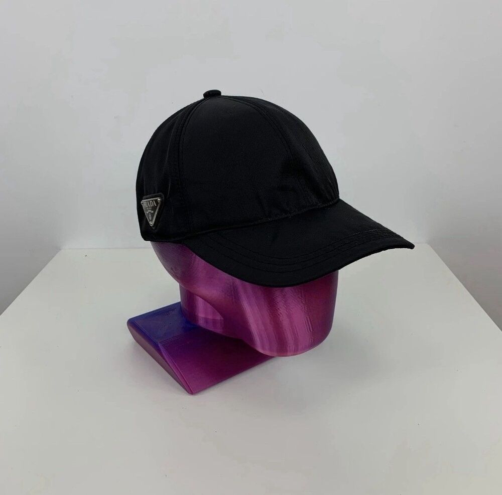 Prada Re-Nylon Tessuto Triangle Logo Side Baseball Cap Hat Black Size L